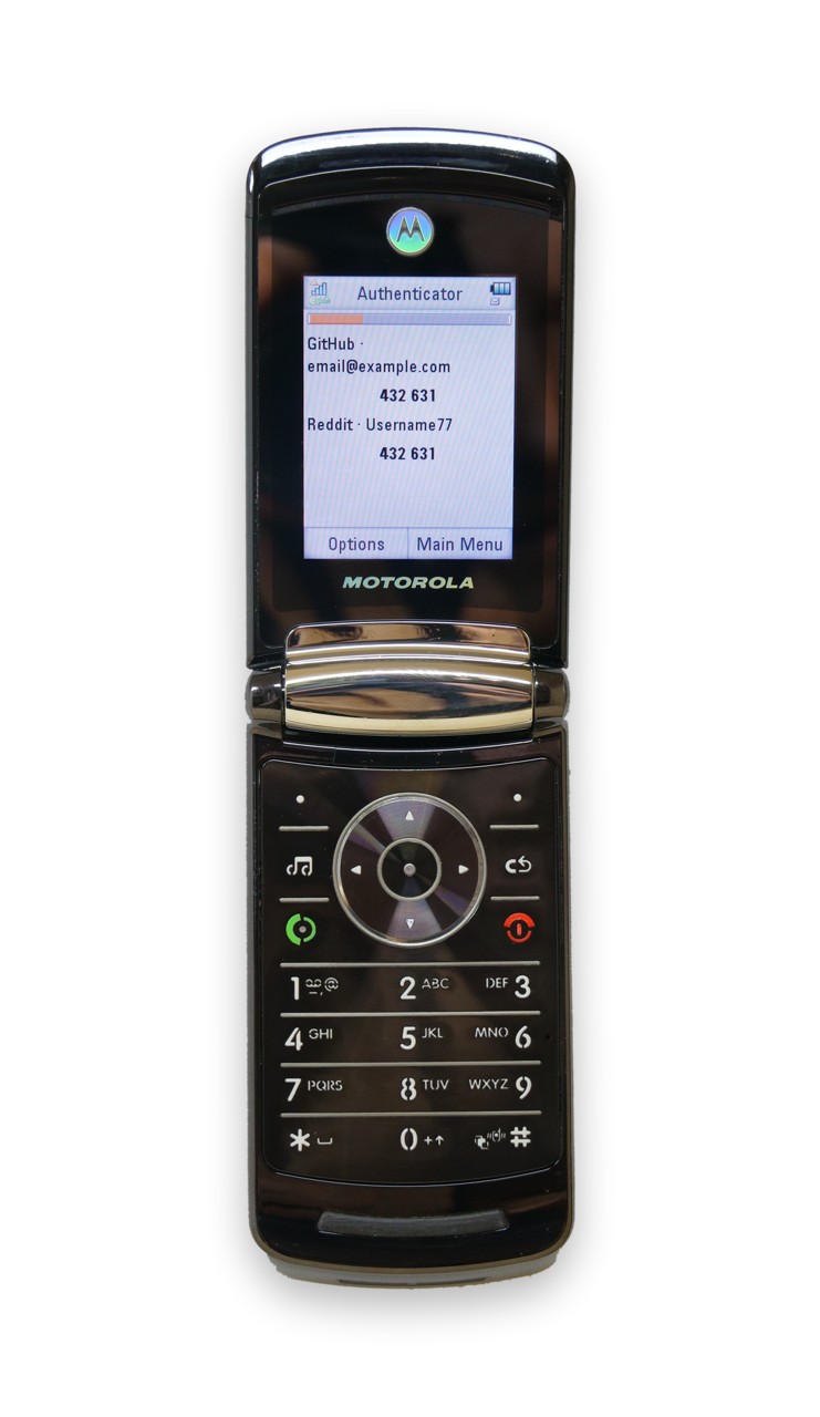 Motorola RAZR2 V8 showing two-factor authenticator codes for GitHub and Reddit
